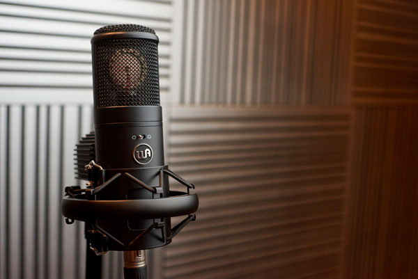Warm Audio WA-8000 en pie de micrófono con fondo artístico de madera
